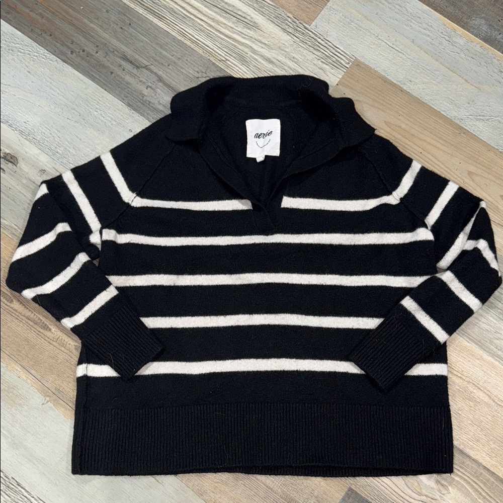 Aerie Black and White Striped collar neck Sweater